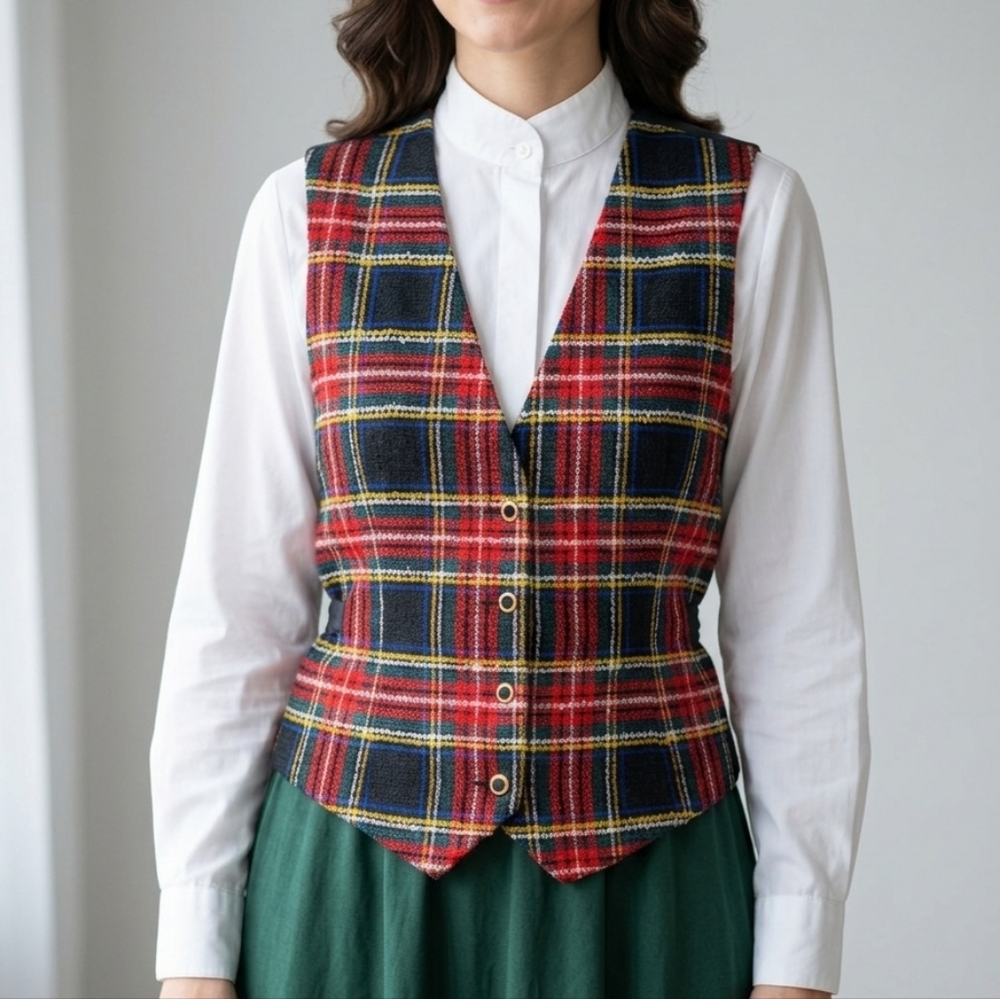 Vintage Red Plaid Woven Vest Made in Canada Green